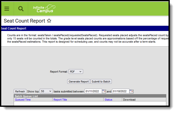 Screenshot of seat count report