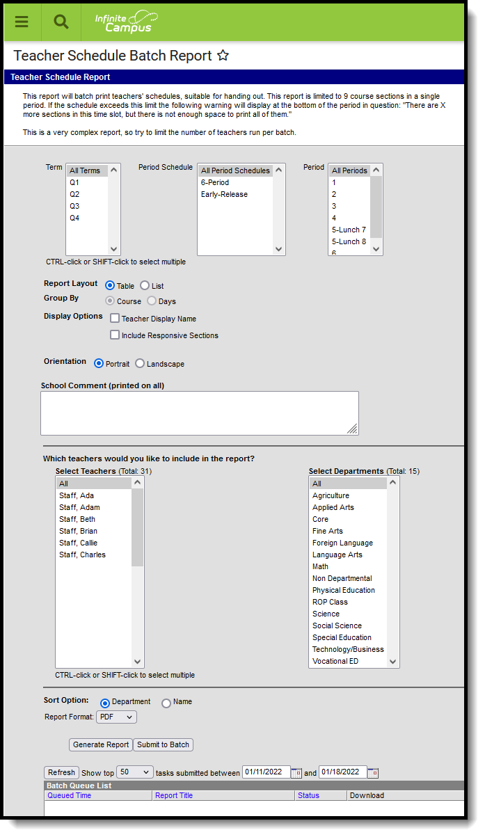 Screenshot of Teacher Schedule Batch print options.