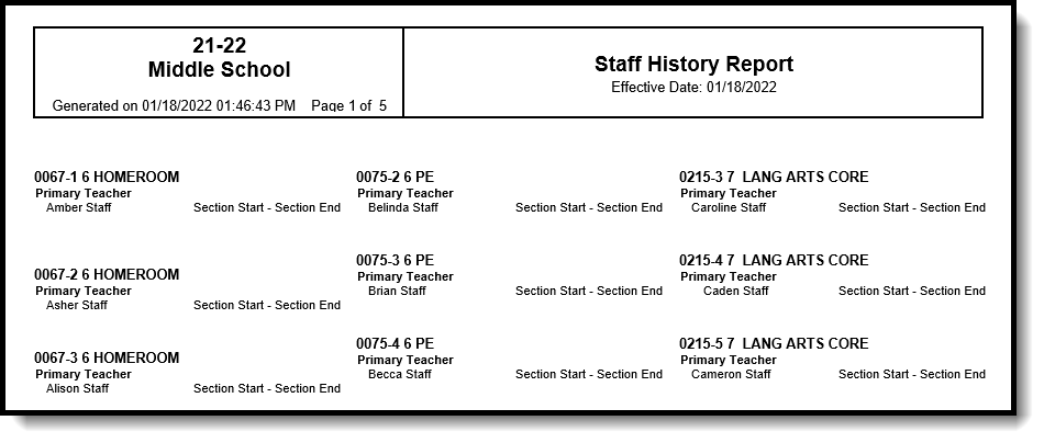 Screenshot of the PDF Format of the Staff History Report