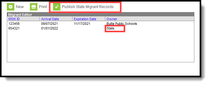 Screenshot of the publish state migrant records button.