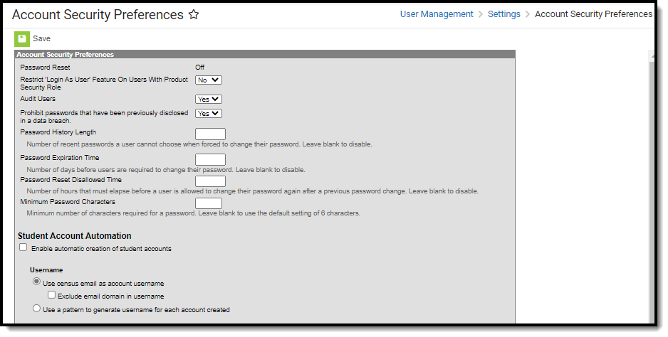 Screenshot of the Account Security Preferences tool