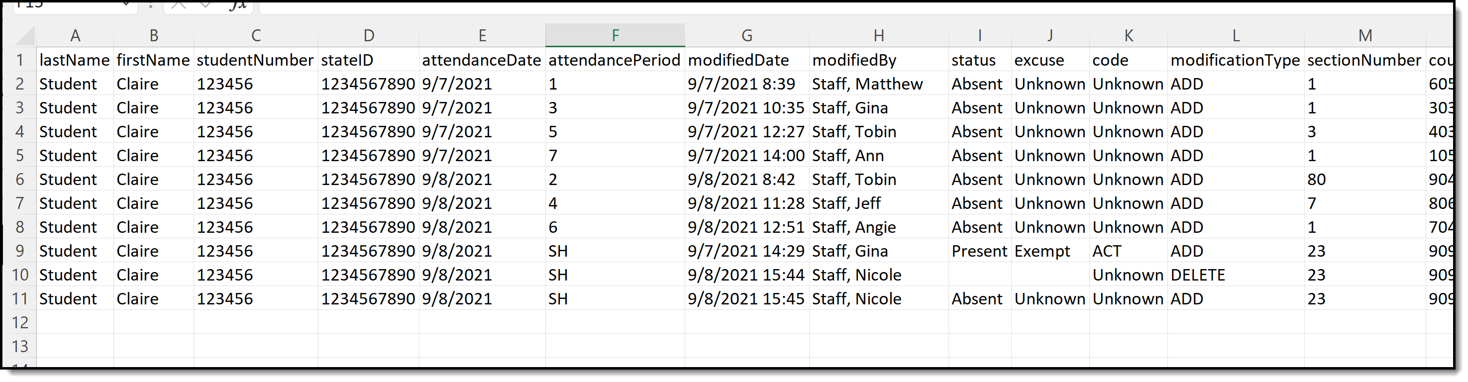 Screenshot of Attendance Change Tracking Report output in CSV.
