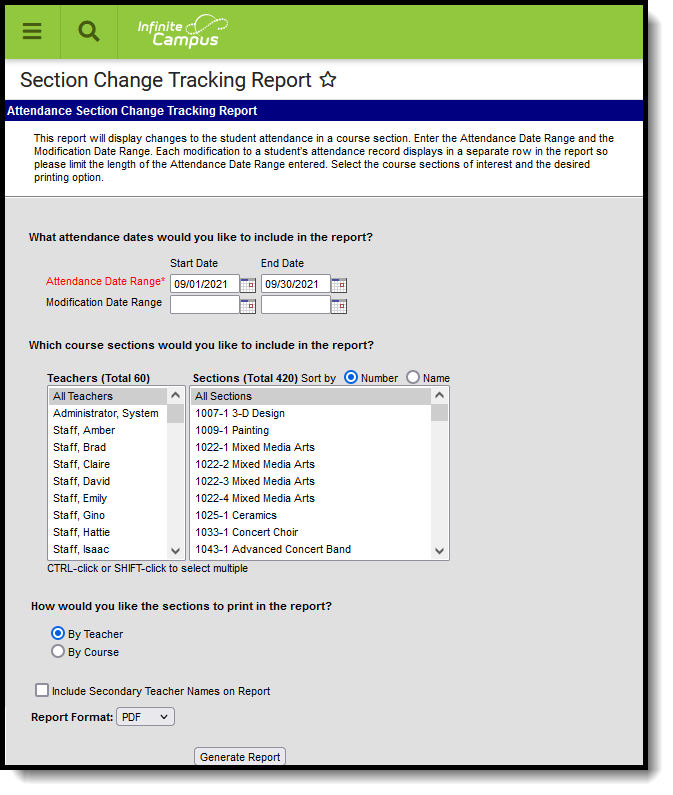 Screenshot of the Section Change Tracking Report Editor