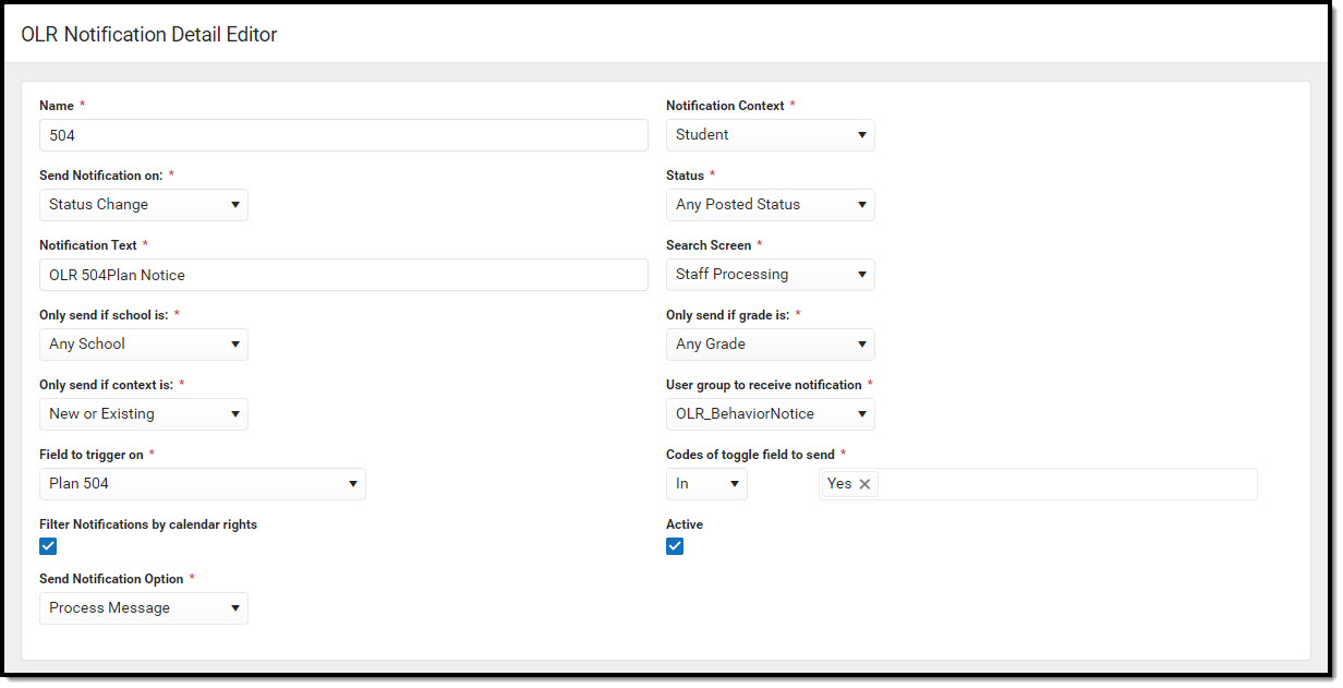 Screenshot of the OLR Notification Detail Editor.