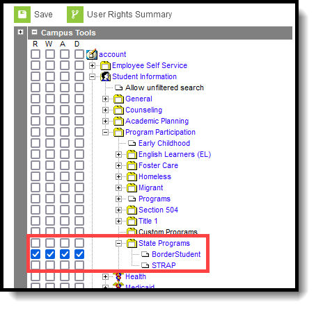 Screenshot of the tool rights tool in the classic look of Campus with the State Programs > Border Student tool rights highlighted. 