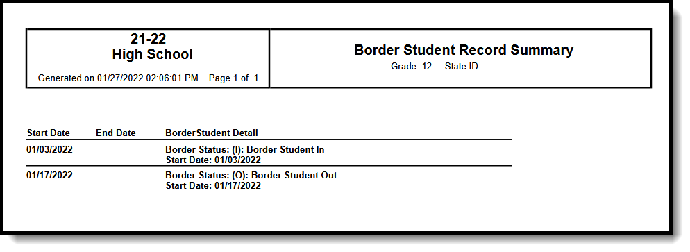 Screenshot of an example of the Border Student printed summary