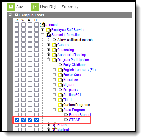 Screenshot of the tool rights tool in the classic look of Campus with the STRAP tool rights highlighted. 