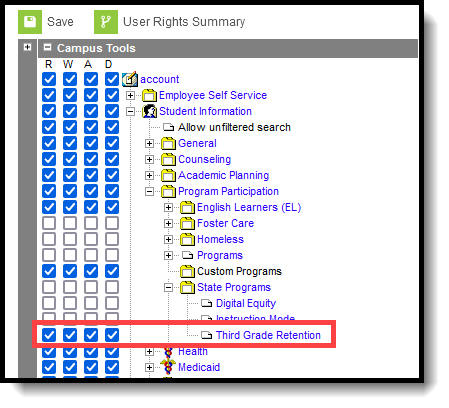 Screenshot highlighting the tool rights for this tool in the classic view of Campus. 