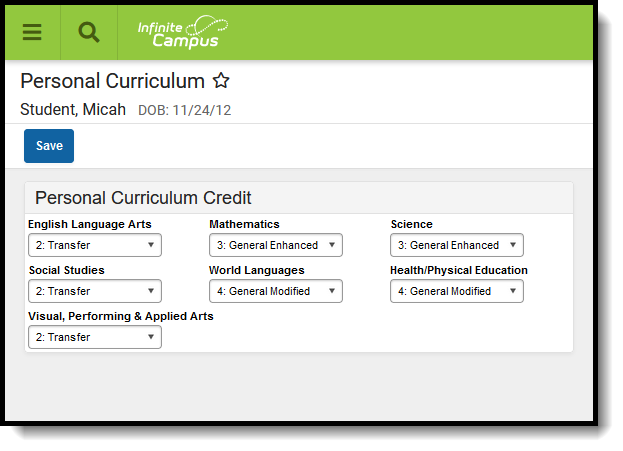 Screenshot of the Personal Curriculum tool. 