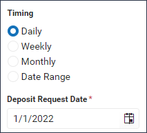 Screenshot of the Daily timing mode with the Deposit Request Date set for a single day.
