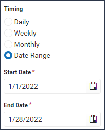 Screenshot of the Date Range timing option, showing a start and end date defined.