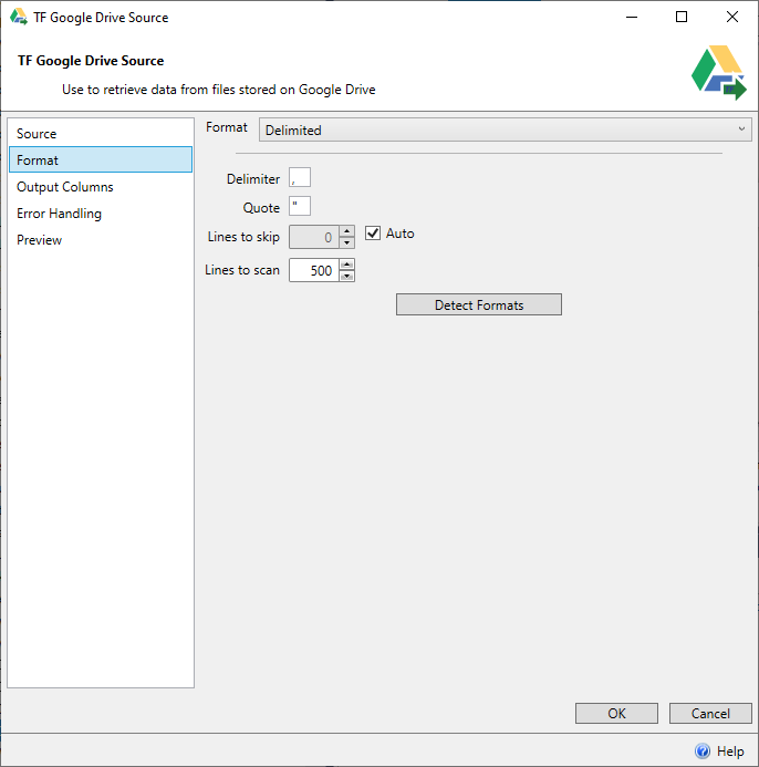 Task Factory Google Drive Source Format Delimited