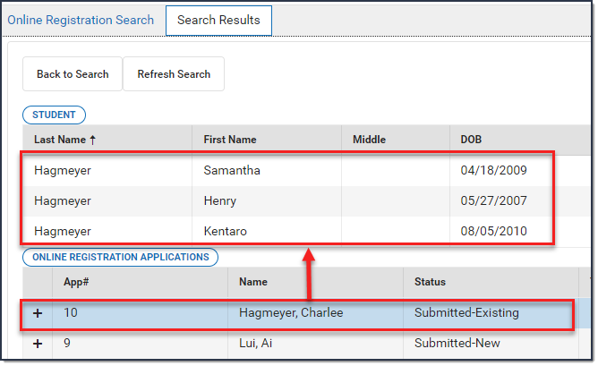 Screenshot of the Search Results in Staff Processing. 