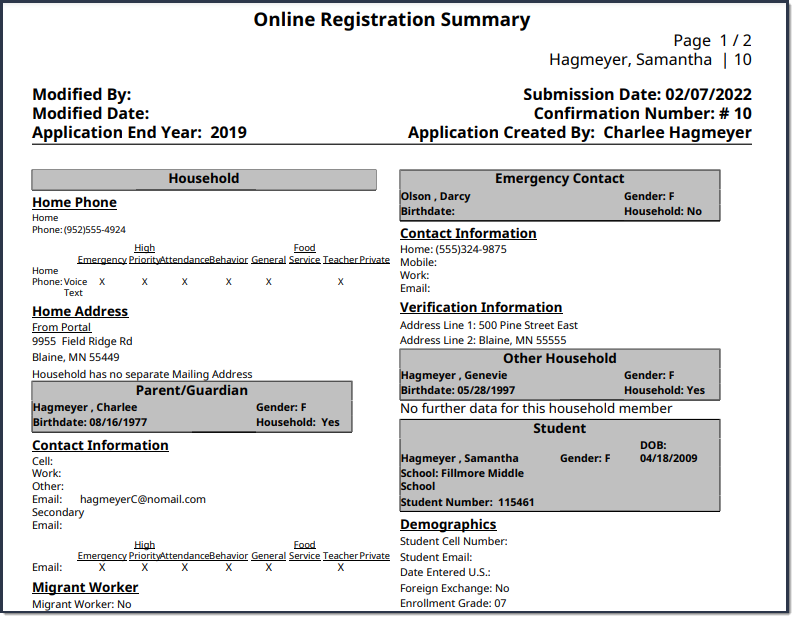Screenshot of the Online Registration Summary in PDF format. 