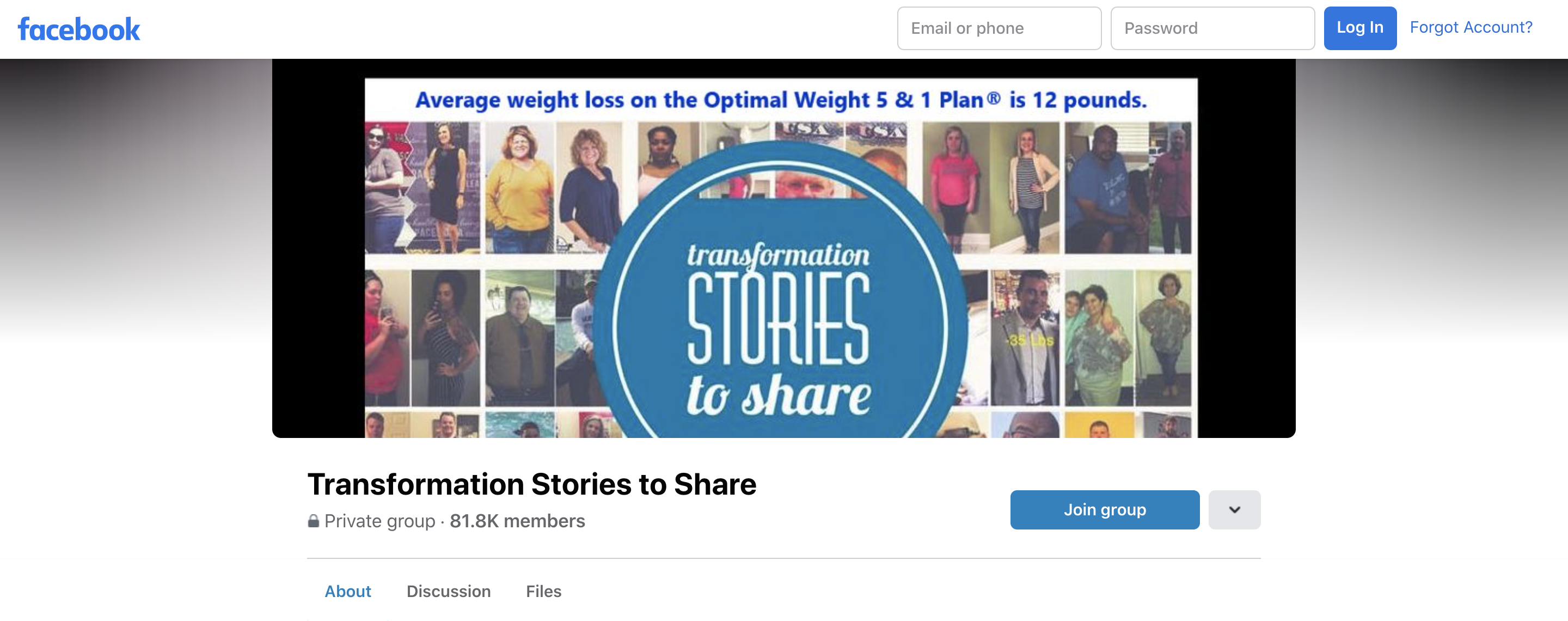Screenshot of Optavia Facebook page named: Transformation Stories to Share