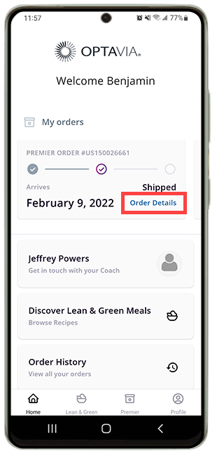 OPTAVIA App - Order Details within the Shipping Tile.