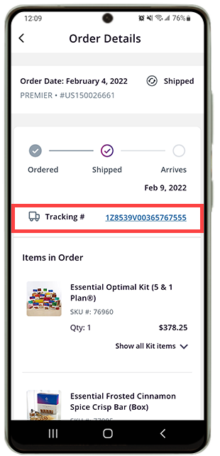 OPTAVIA App - Tracking number for shipped package.