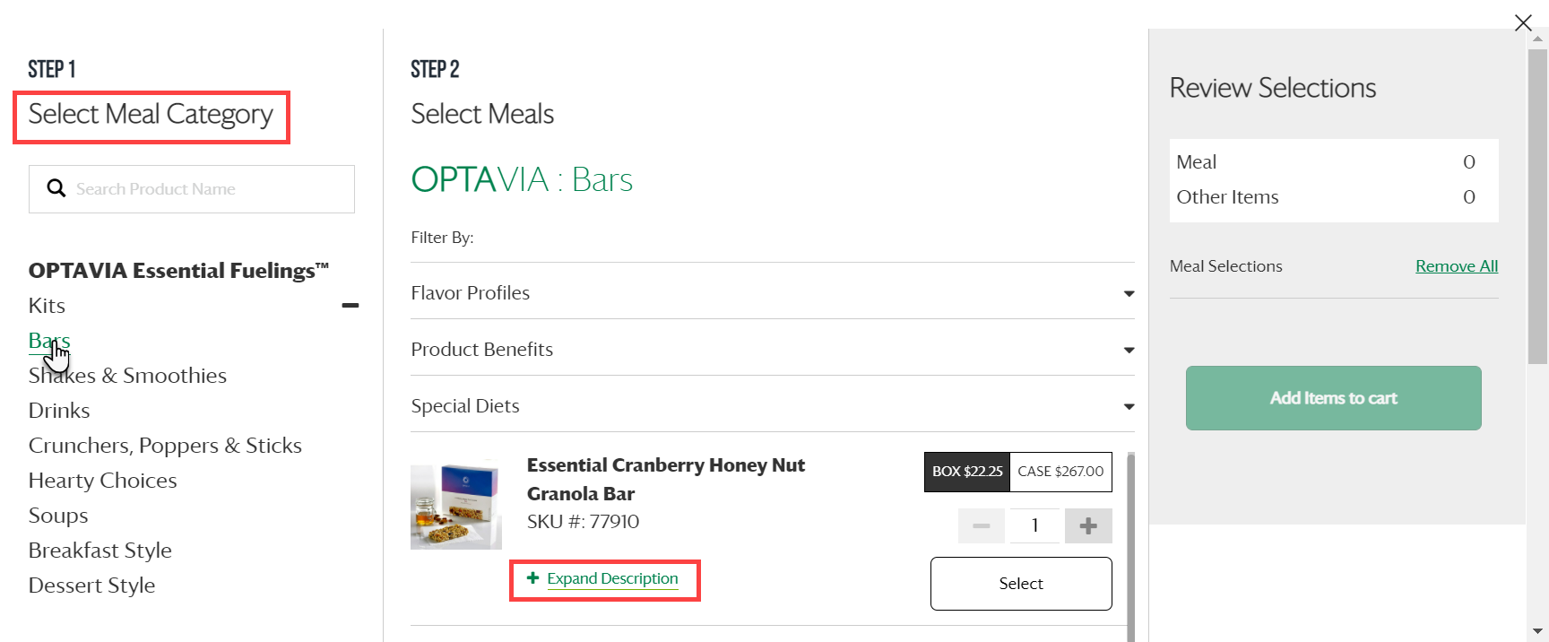Inset window allowing Clients to search for and select Fuelings. This step highlights how to select a meal category and expand the description below each item.