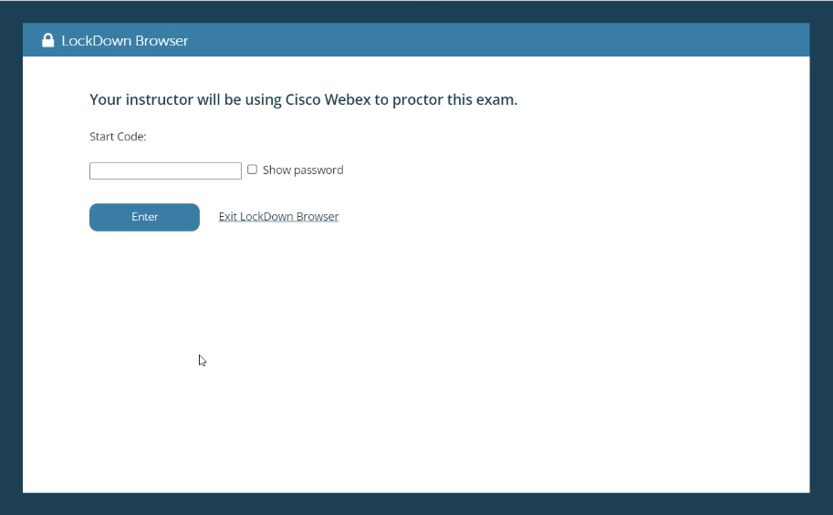 Shows the Enter Start Code field and that the student has not enabled video.