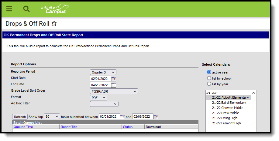 Screenshot of the Drops and Off Roll report editor. 