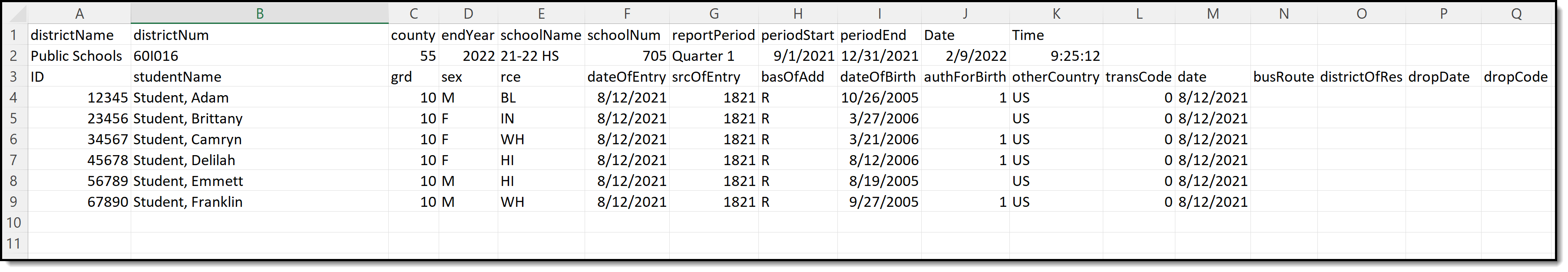 Screenshot of an example of the Master Roster report in CSV format. 