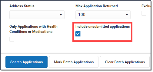 Screenshot of the Include unsubmitted applications field. 