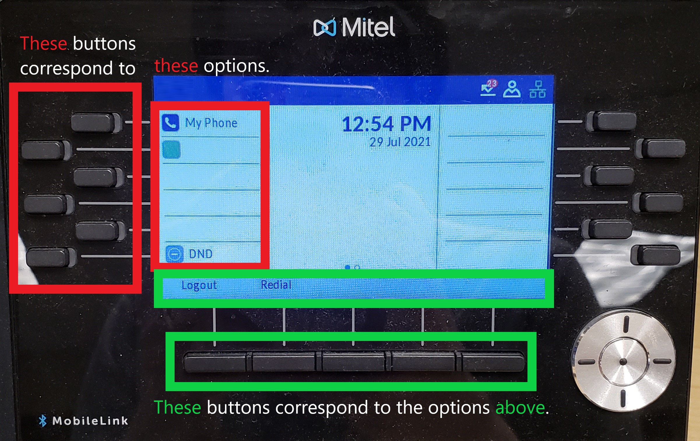 Deskphone screen and buttons. Red highlighter signaling that the buttons on the left correspond to the left-hand screen menu. Green highlighter signaling the buttons at the bottom of the screen correspond to the bottom screen menu.