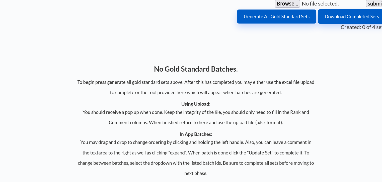 A landing page for the Gold Standard Reviews portion of the app. Instructions are listed on how to generate and upload Gold Standard batches.