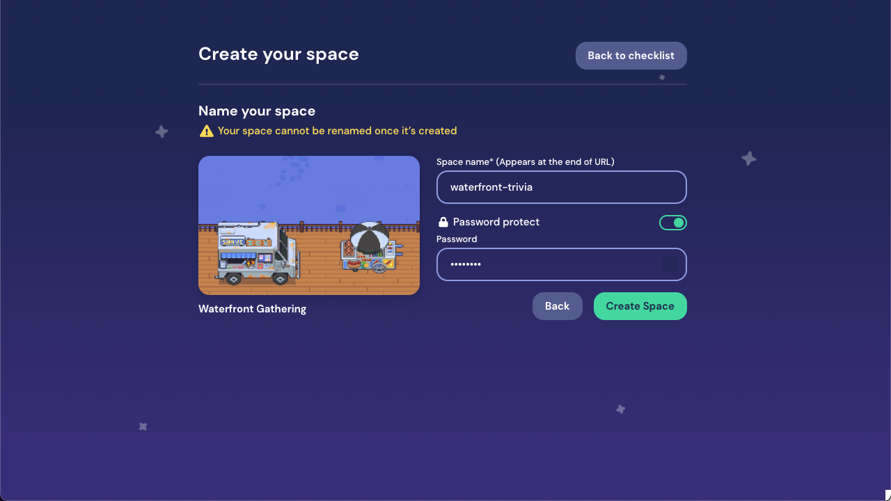 The Name your space page, which shows a preview of the Space and a field for Space name. A password protect toggle reveals a field to add a password when toggled on. 