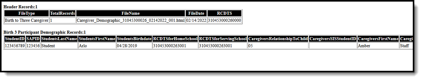 Screenshot of an example of the Birth to 3 Caregiver’s Report in HTML Format.