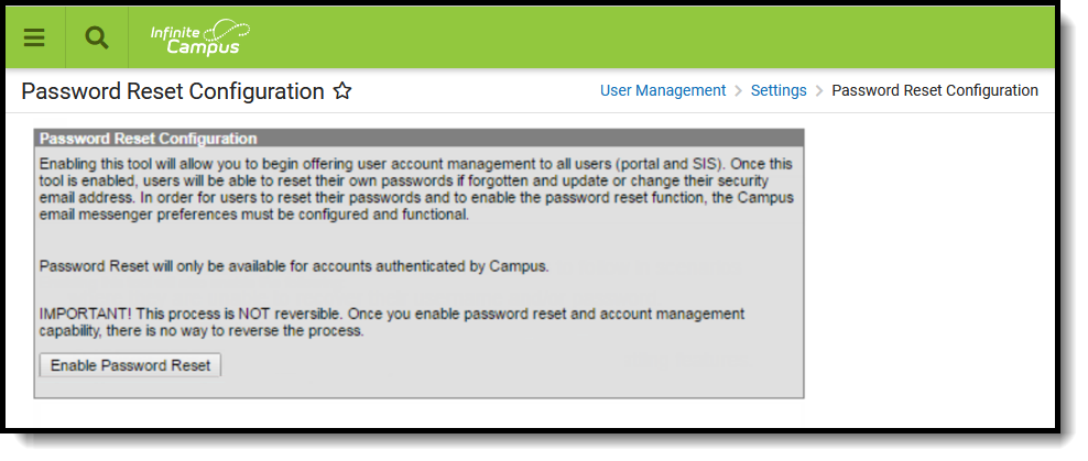 screenshot of the password reset configuration tool