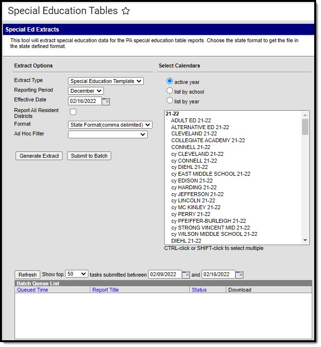 Screenshot of the Special Education Student Template Extract editor.