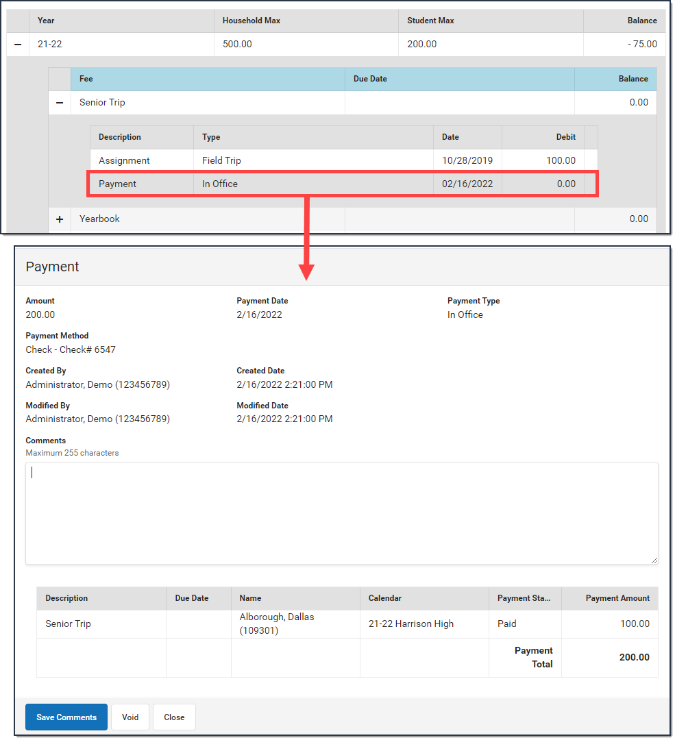 Screenshot of a payment that is highlighted on the Fees tool. An arrow is pointing to another screenshot below this one.