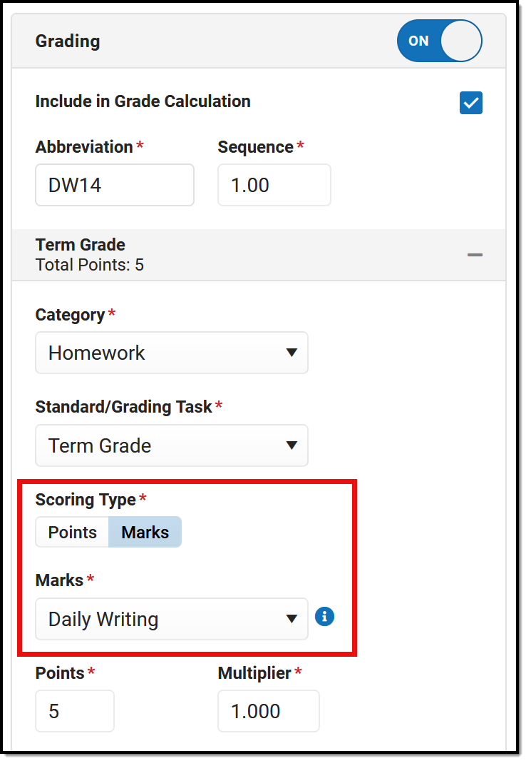 Screenshot of the Grading area of an assignment, with a Scoring Type of Marks selected and a set of marks selected.