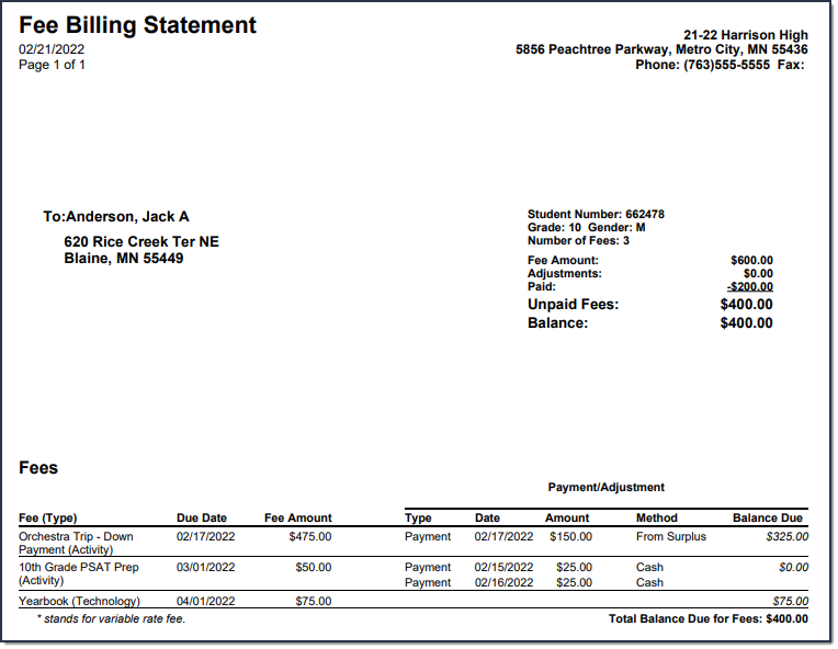 Screenshot showing an example of the Fee Billing Statement after the Print button is clicked.