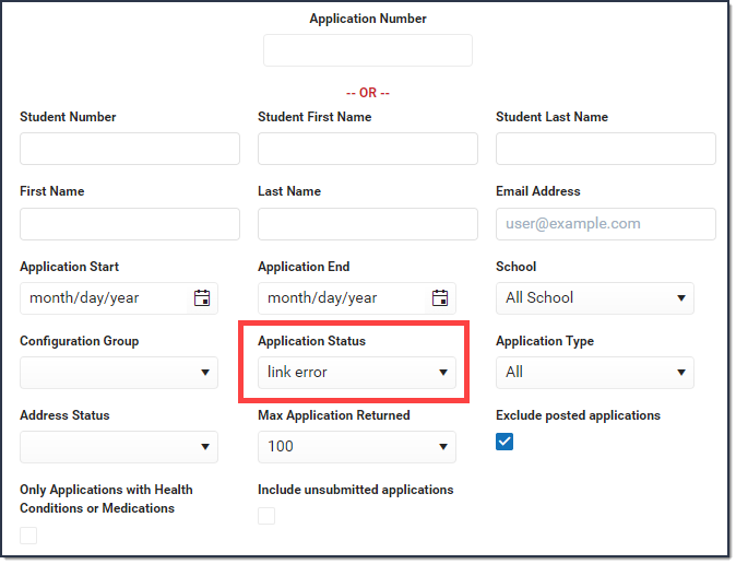 Screenshot of the Application Status field. 