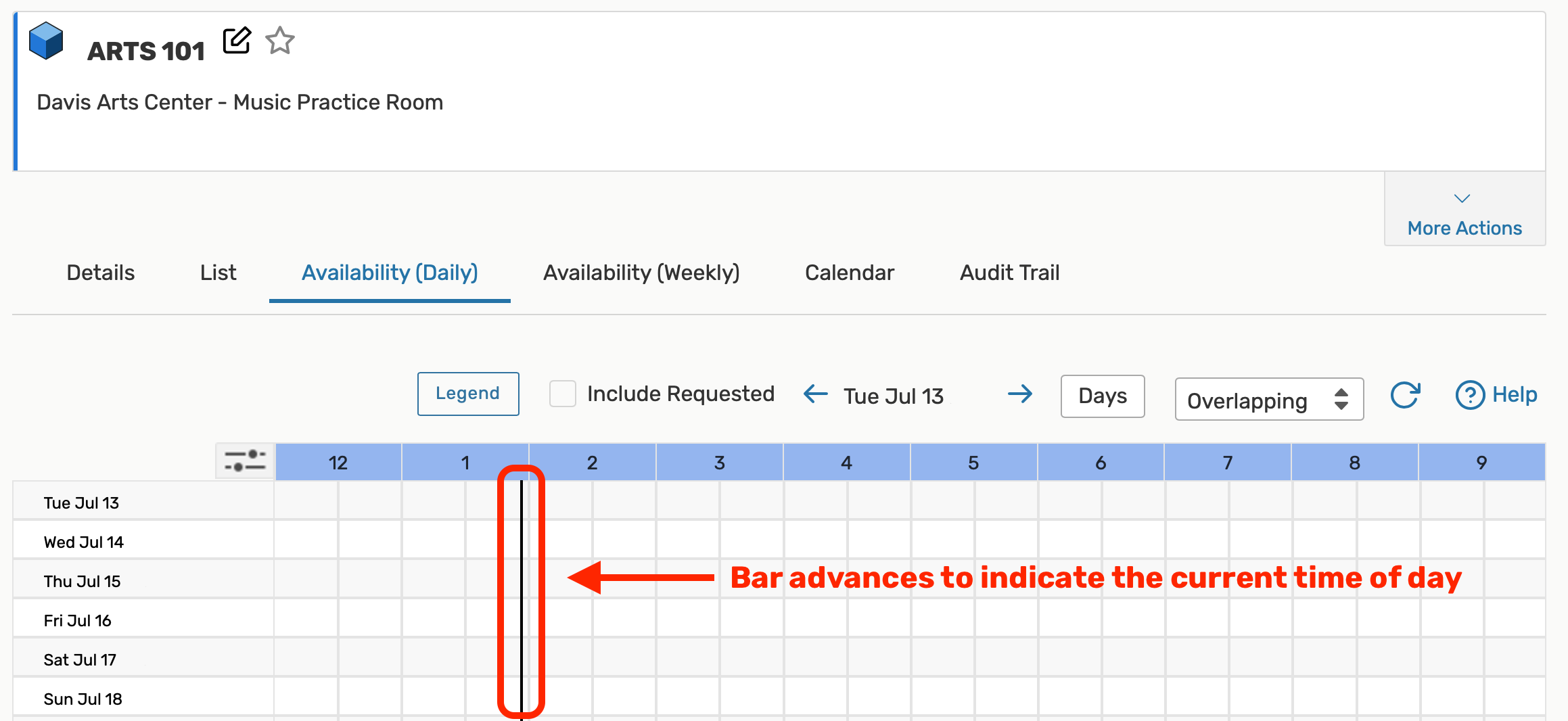 The bar on the availability calendar advances to indicate the current time of day