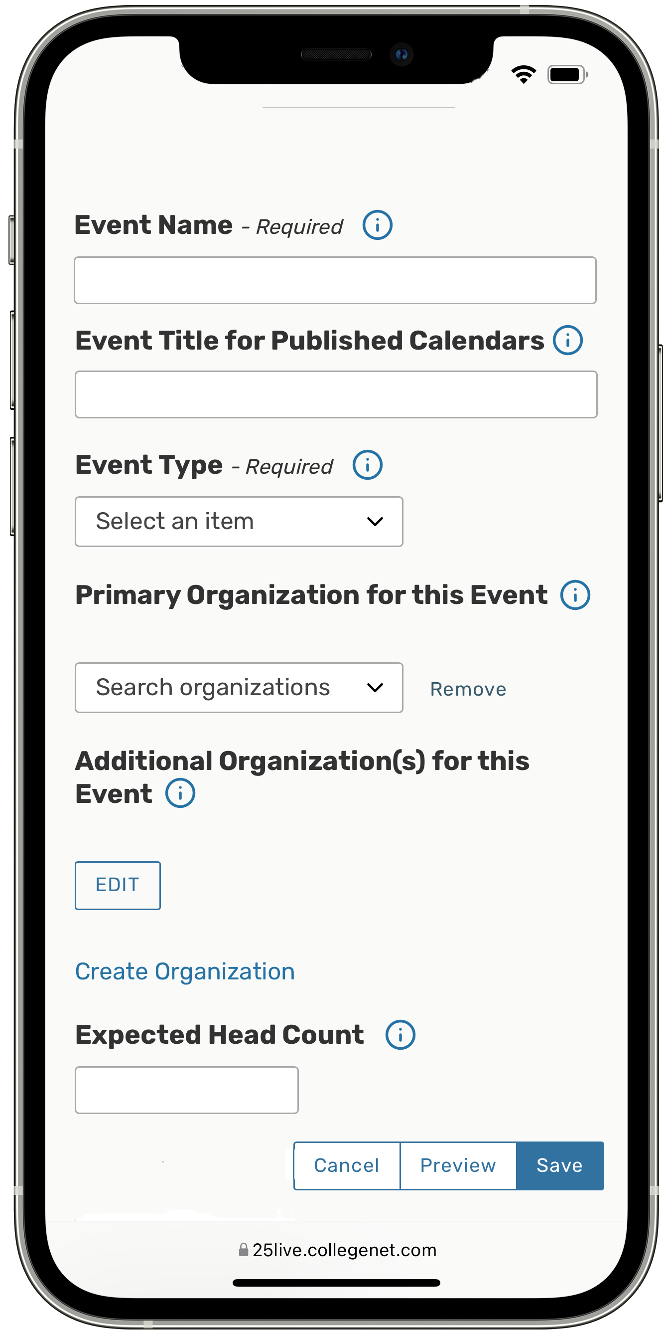 The 25Live Event Form on a mobile device