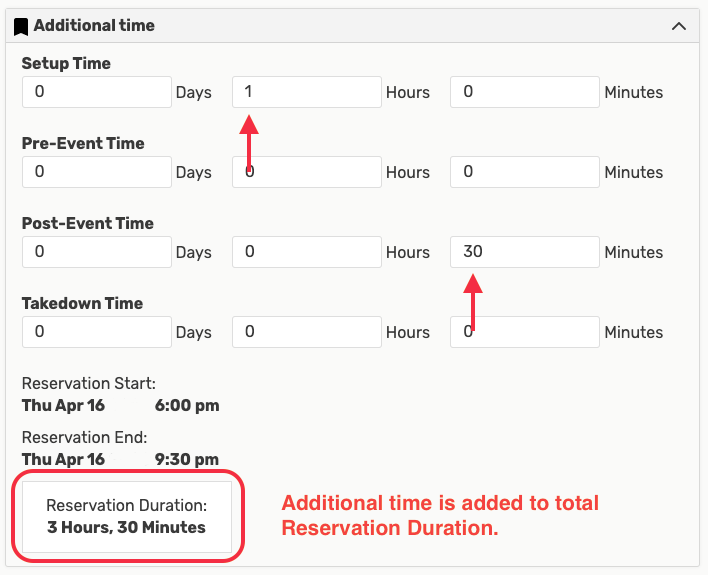 Additional Time section to add extra time to events