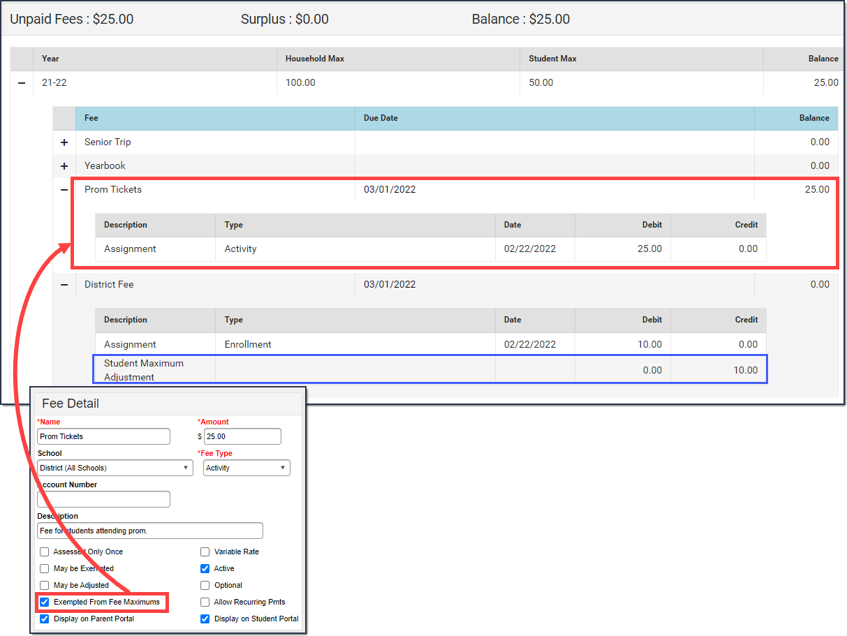 Screenshot of exempted from fee maximums checkbox