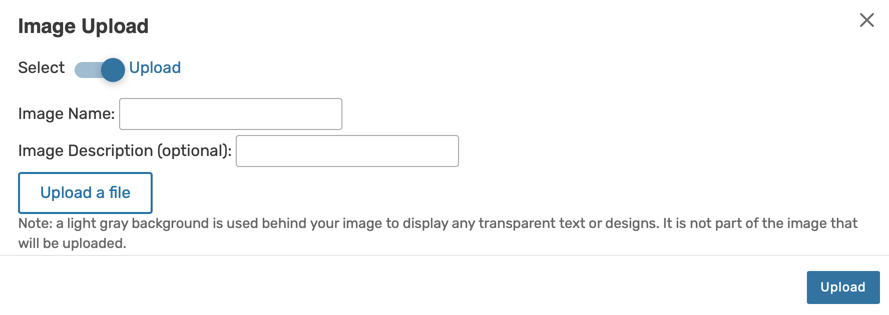 Toggle between selecting or uploading an image