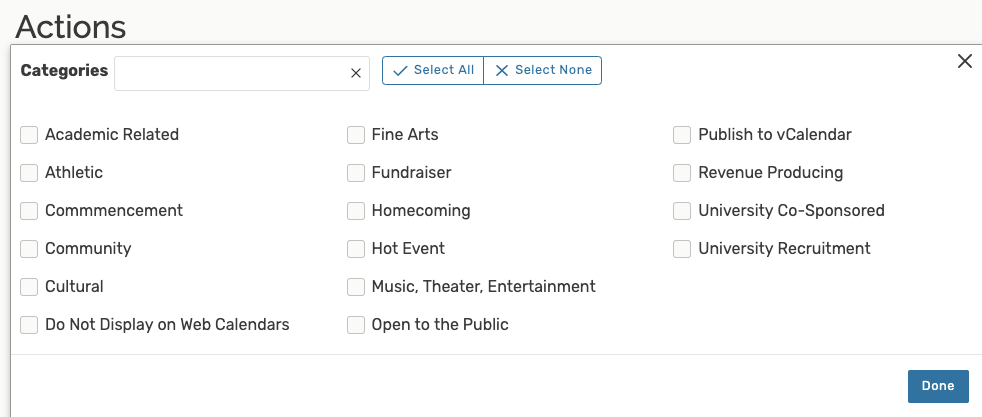 Select Categories to add or remove from events.