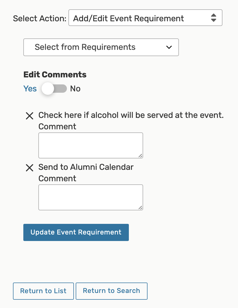 Add/edit event requirement options