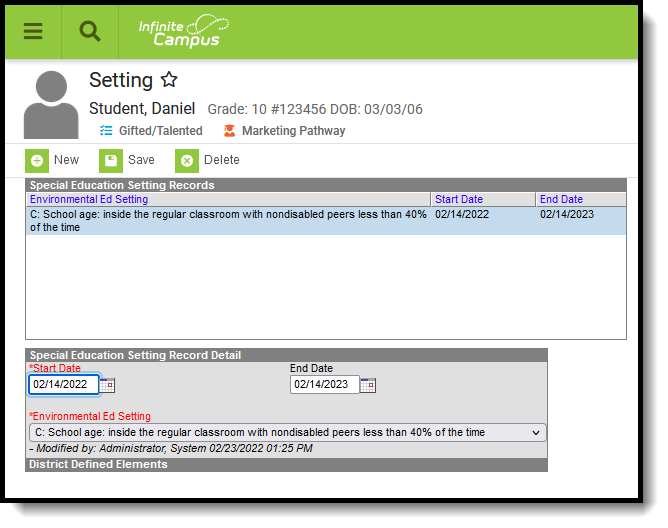 Screenshot of the Setting tool, located at Student Information, General. 