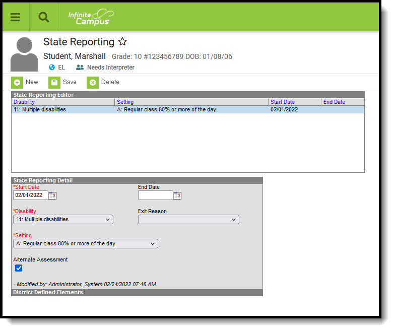 Screenshot of the Special Education State Reporting tool. 