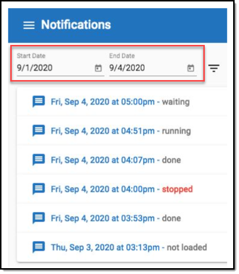 Screenshot of Remote Dial In notifications showing ntofications from a date range with a variety of statuses.