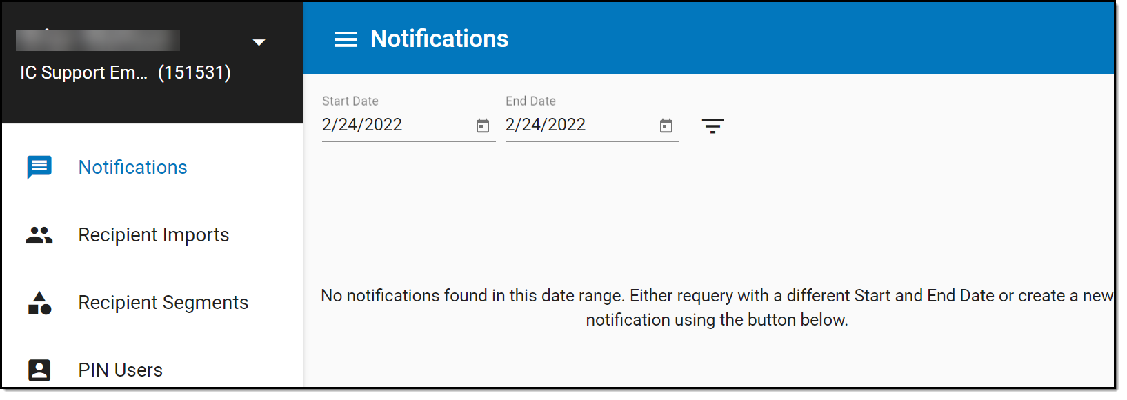 Screenshot of Notifications page in Remote Dial In web access