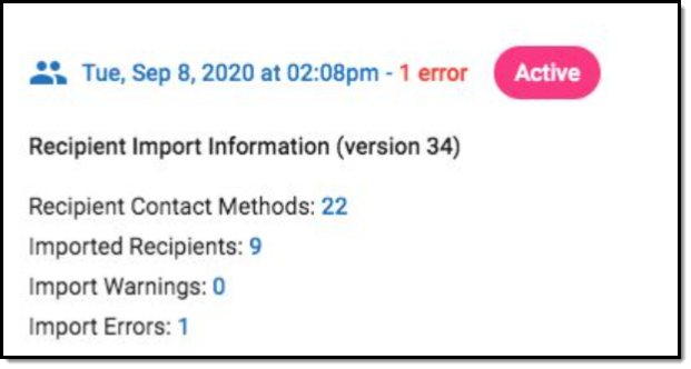 Screenshot of a Recipient Import details page, showjing the import date, status, number of contact methods and recipients imported. The number of warnings and errors display.