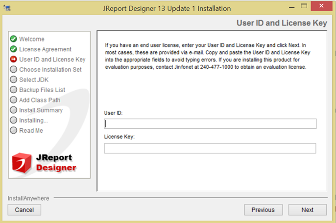 Jreport designer installation user id and license key fields