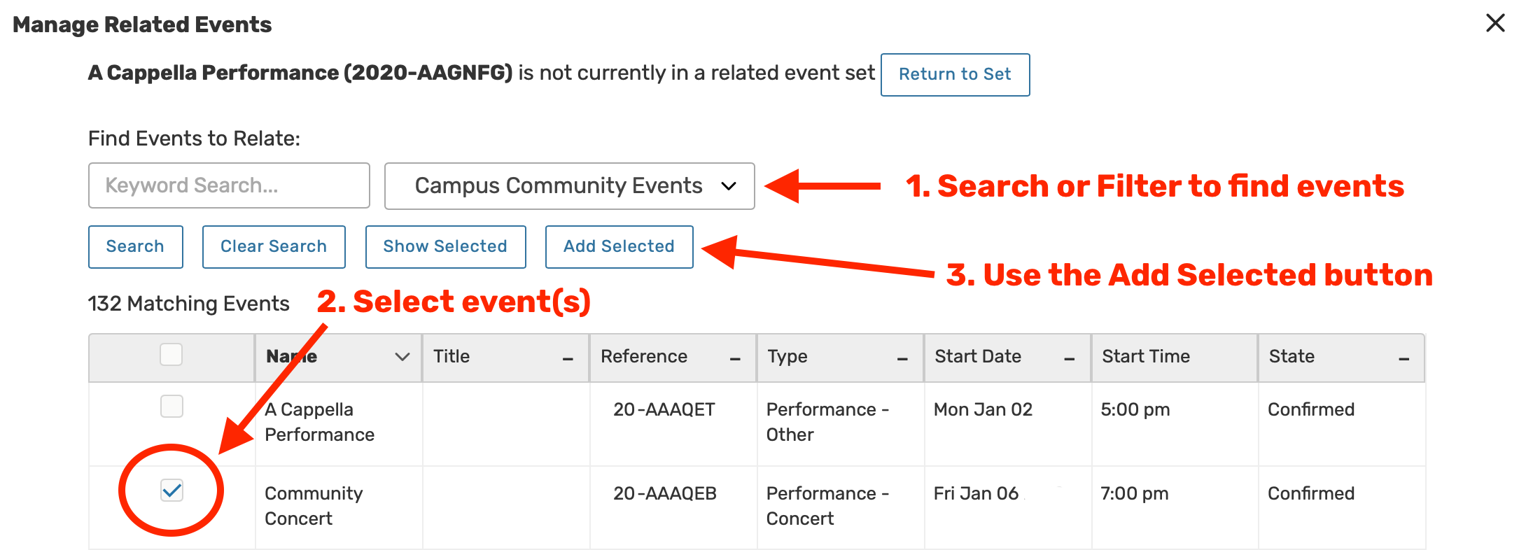 Adding events to related set